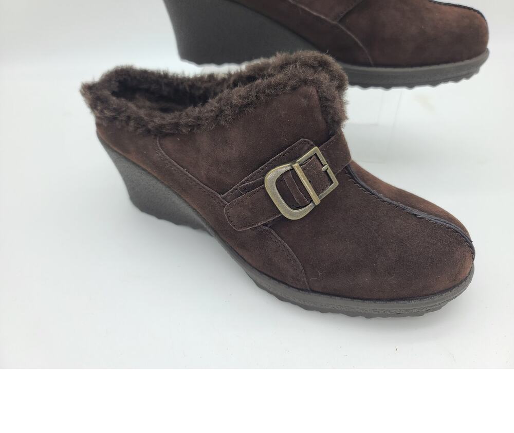 Eurostep Women 8M Dk Brown Suede Wedge Heel Mules Faux Fur Trim